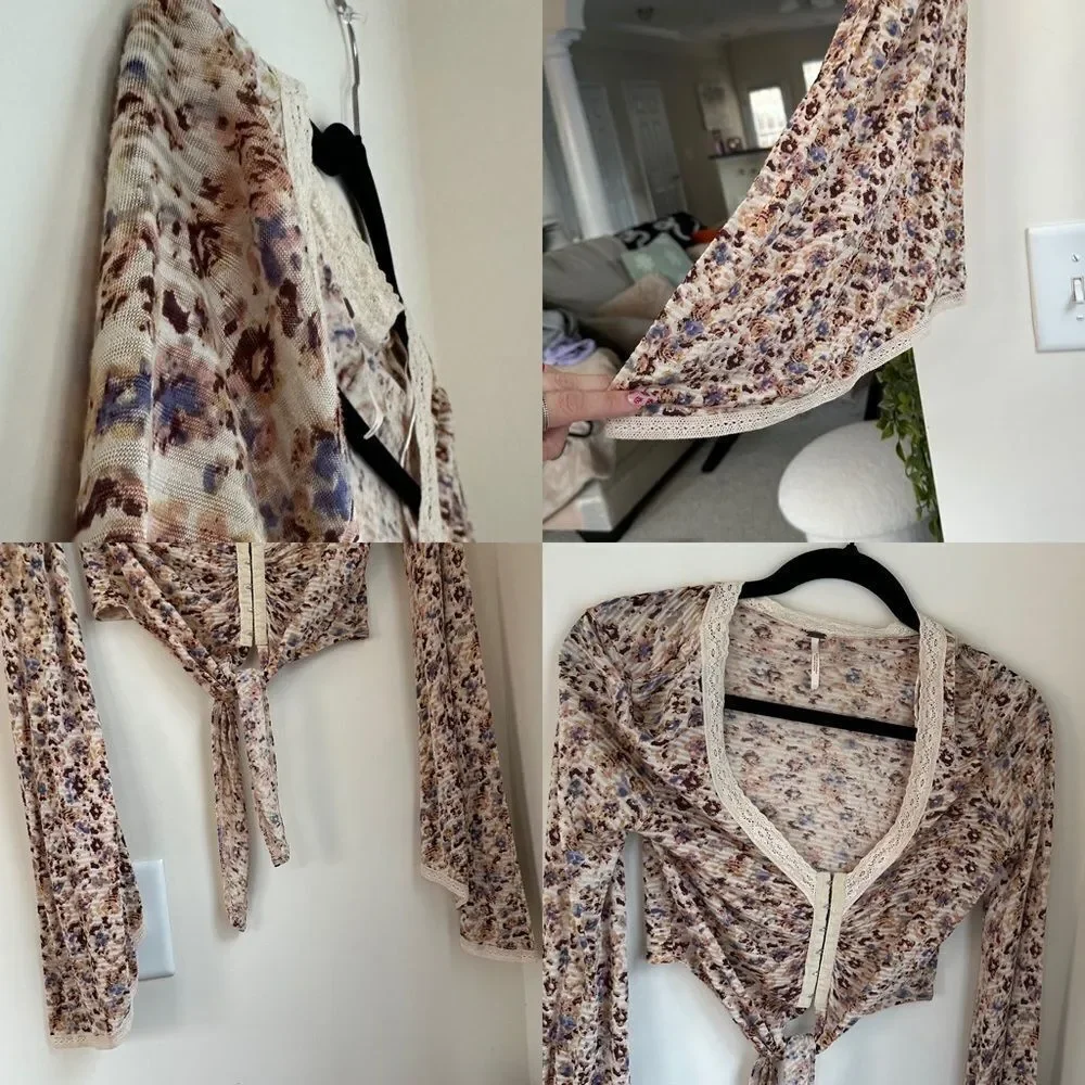 Free People cream and floral clasp front top w tie in front and bell sleeves